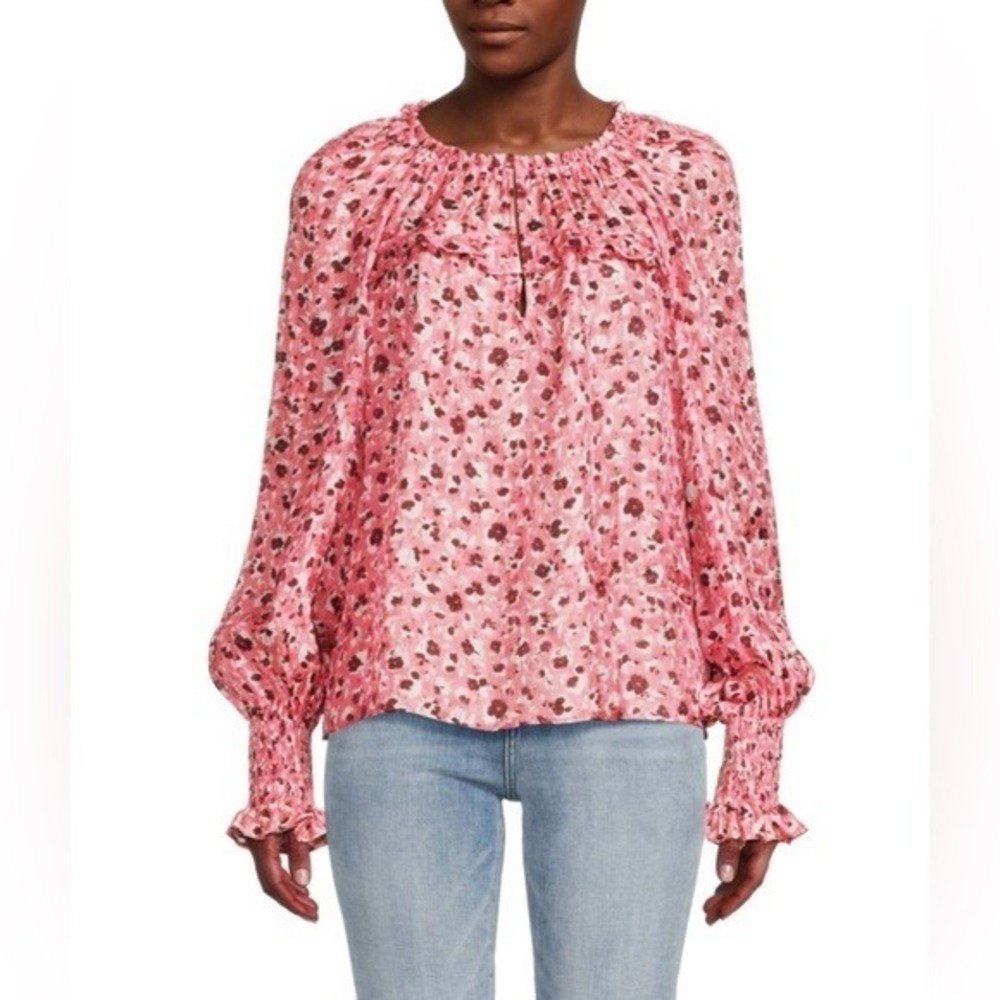 Ramy Brook Floral Blouse Womens Pink Long Sleeve Ruffle Smocking Large